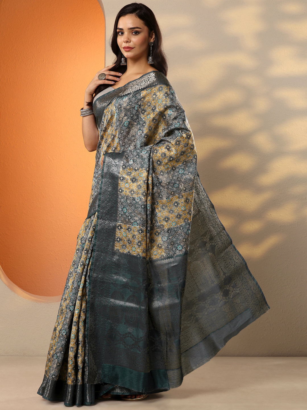  Blue Printed Silk Blend Saree With Unstitched Blouse Piece 