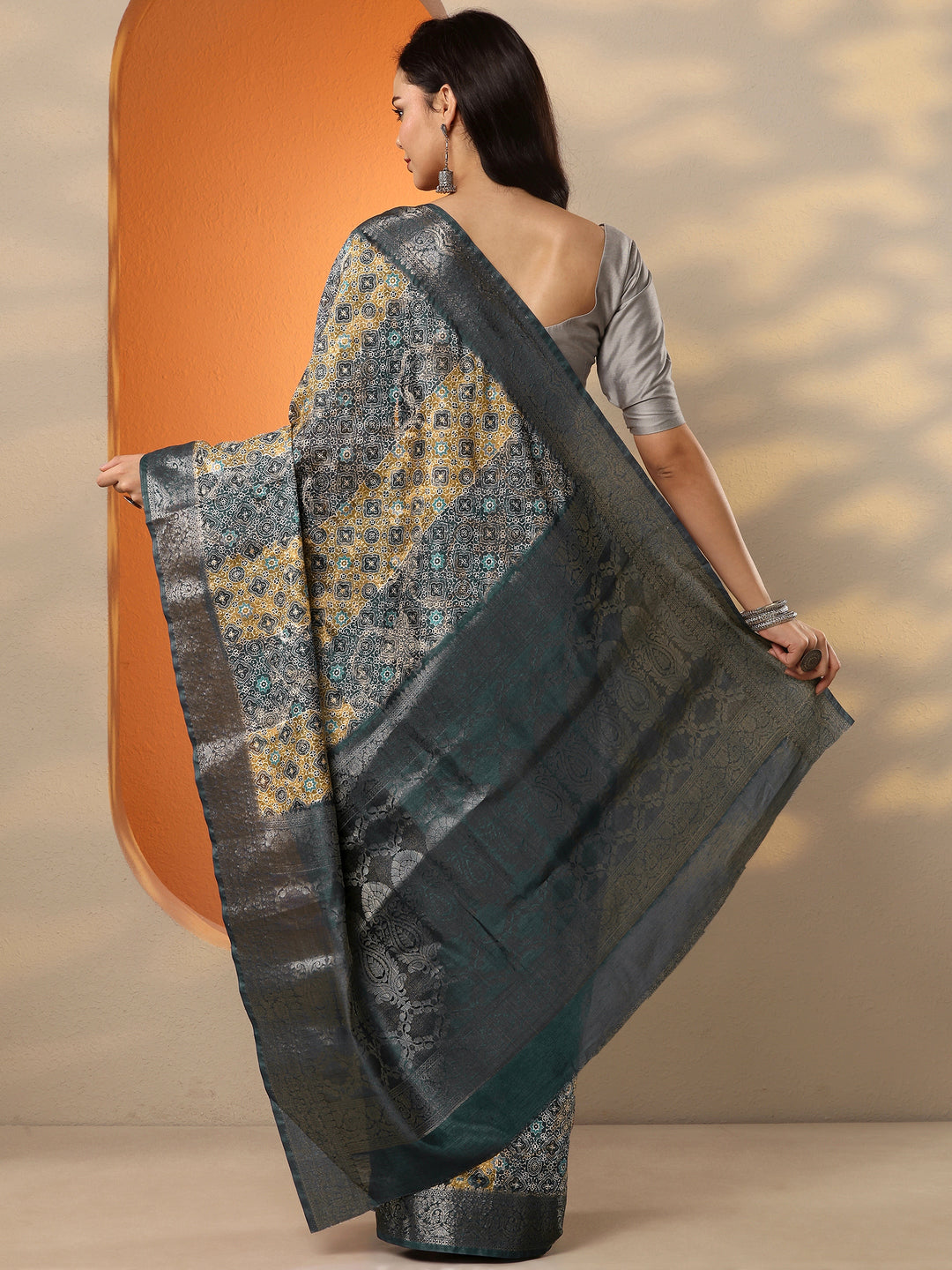 Blue Printed Silk Blend Saree With Unstitched Blouse Piece 