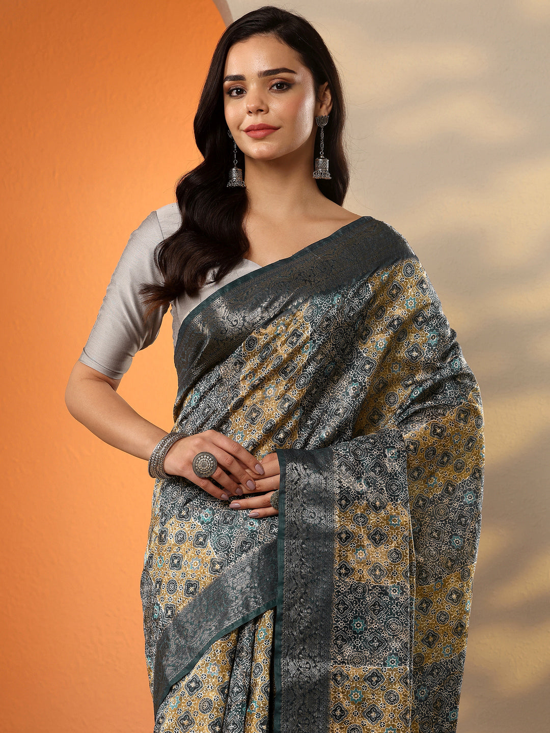 Blue Printed Silk Blend Saree With Unstitched Blouse Piece 