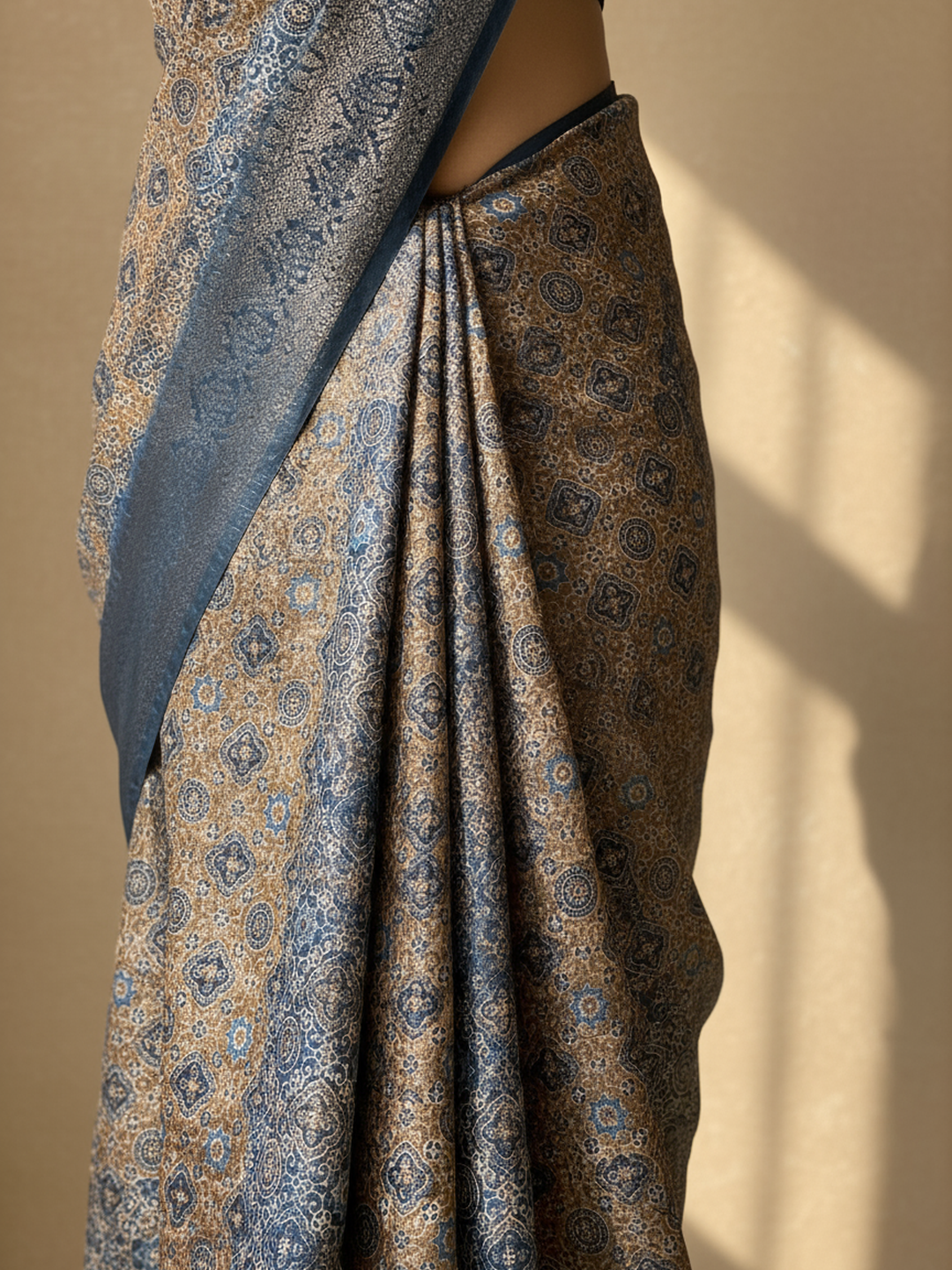  Blue Printed Silk Blend Saree With Unstitched Blouse Piece 