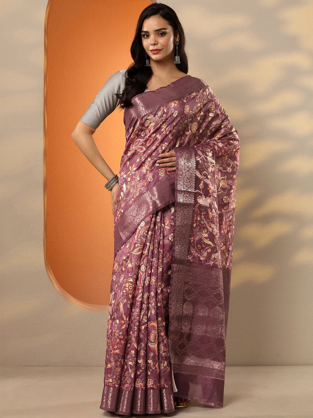  Purple Printed Silk Blend Saree With Unstitched Blouse Piece 