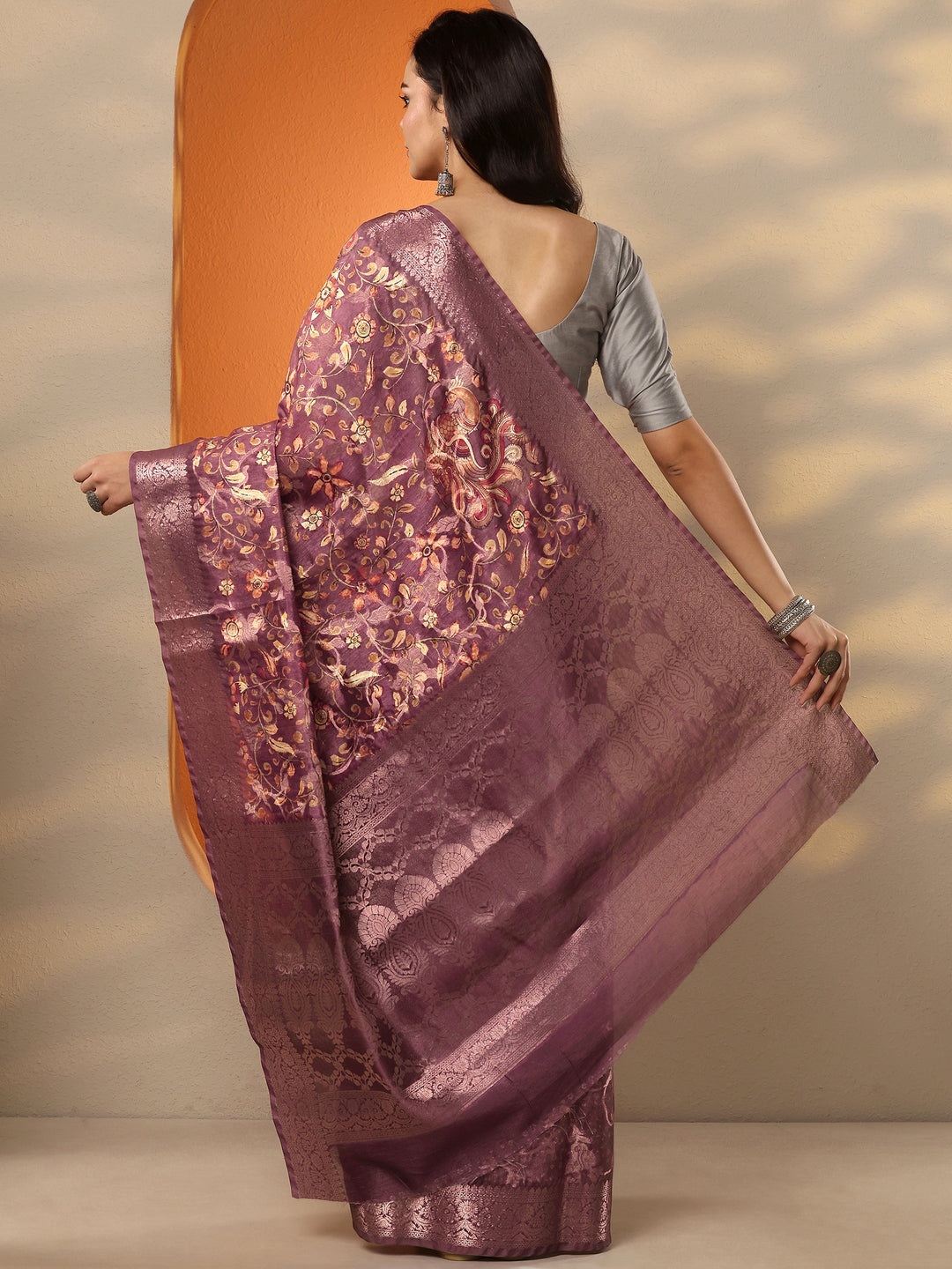  Purple Printed Silk Blend Saree With Unstitched Blouse Piece 