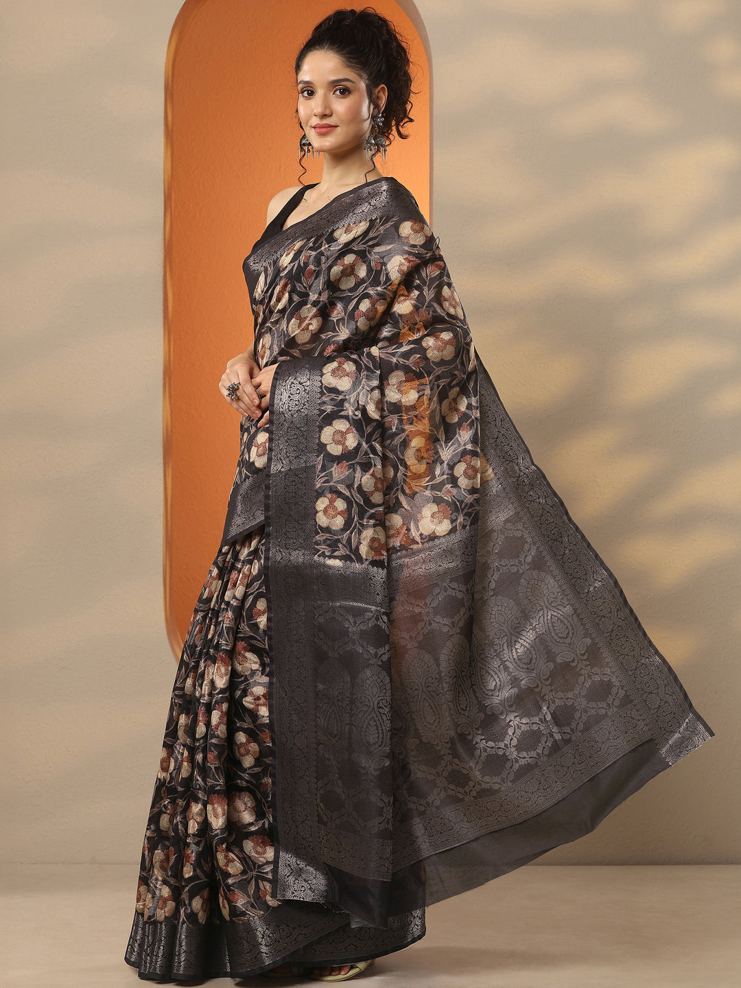  Black Printed Silk Blend Saree With Unstitched Blouse Piece 