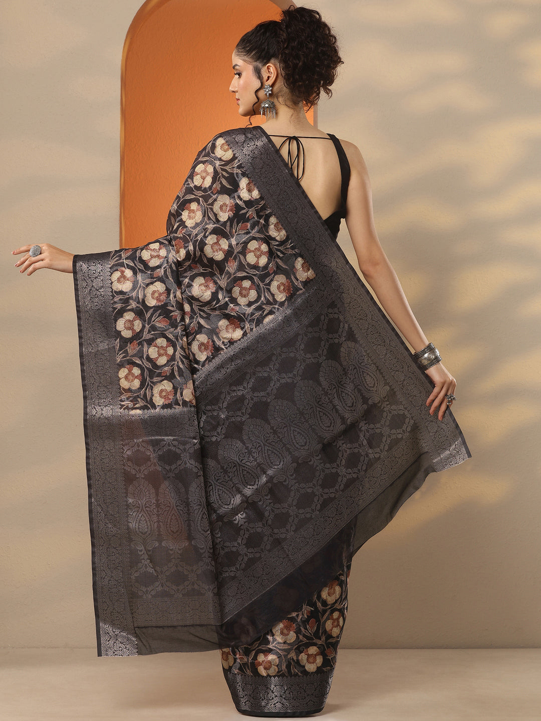  Black Printed Silk Blend Saree With Unstitched Blouse Piece 