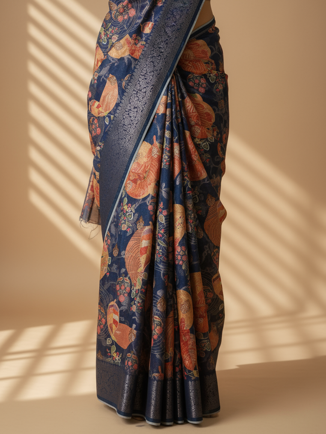 Blue Printed Silk Blend Saree With Unstitched Blouse Piece 