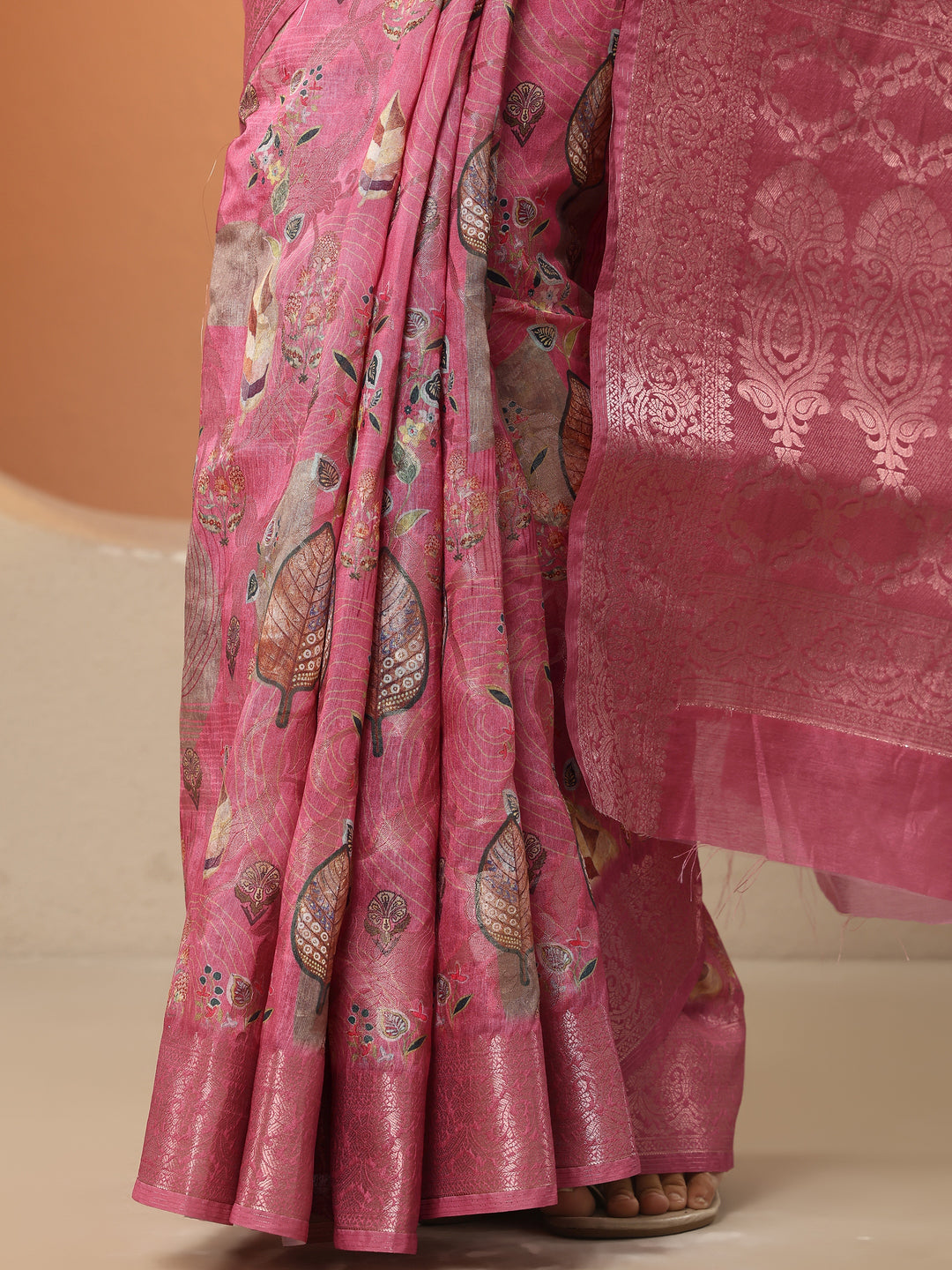  Pink Printed Silk Blend Saree With Unstitched Blouse Piece 