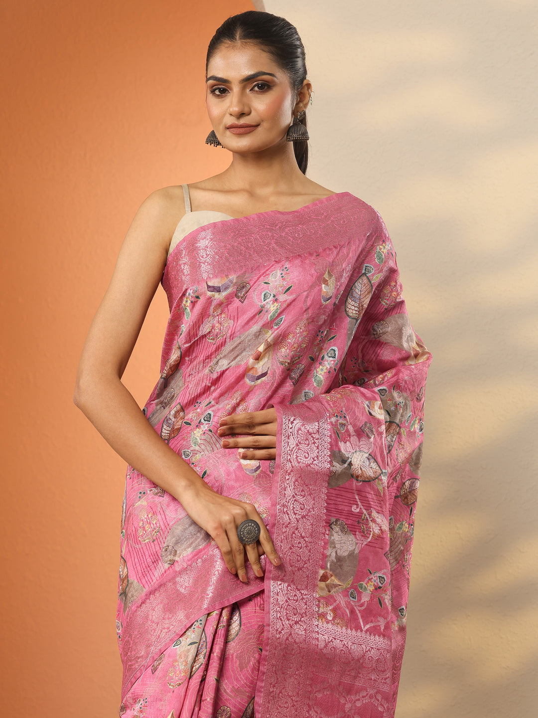  Pink Printed Silk Blend Saree With Unstitched Blouse Piece 