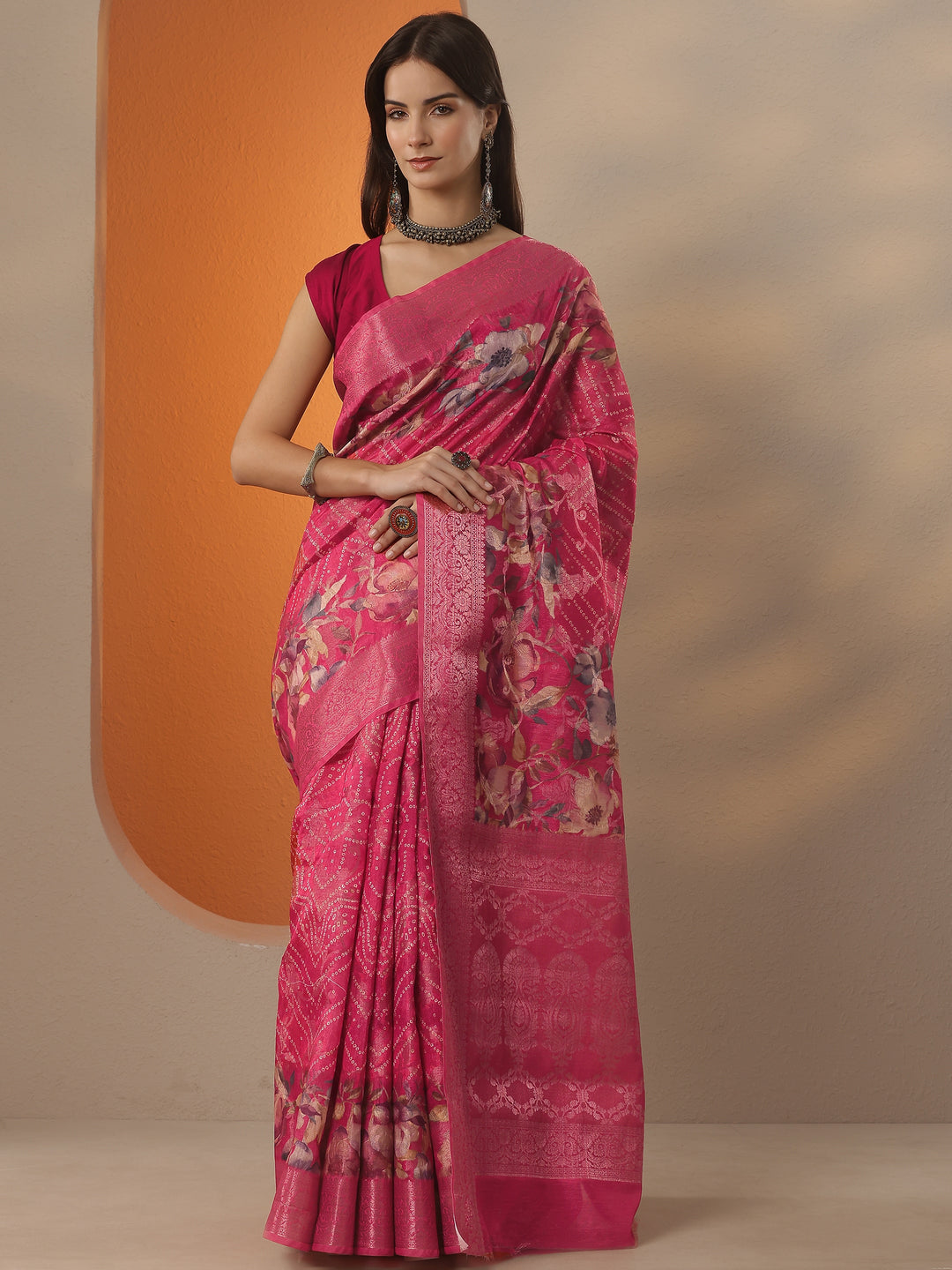  Pink Bandhani Printed Silk Blend Saree With Unstitched Blouse Piece 