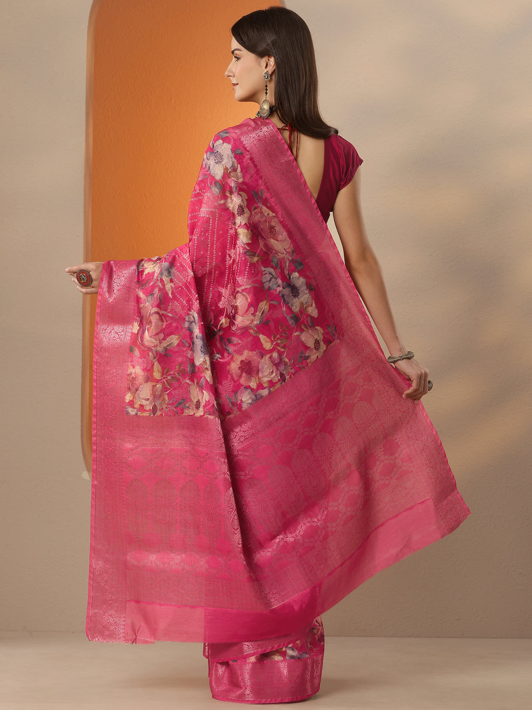  Pink Bandhani Printed Silk Blend Saree With Unstitched Blouse Piece 