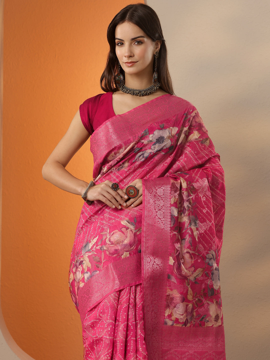  Pink Bandhani Printed Silk Blend Saree With Unstitched Blouse Piece 