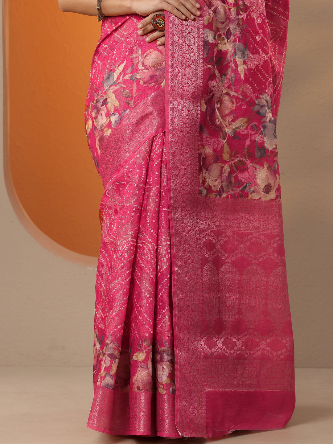  Pink Bandhani Printed Silk Blend Saree With Unstitched Blouse Piece 