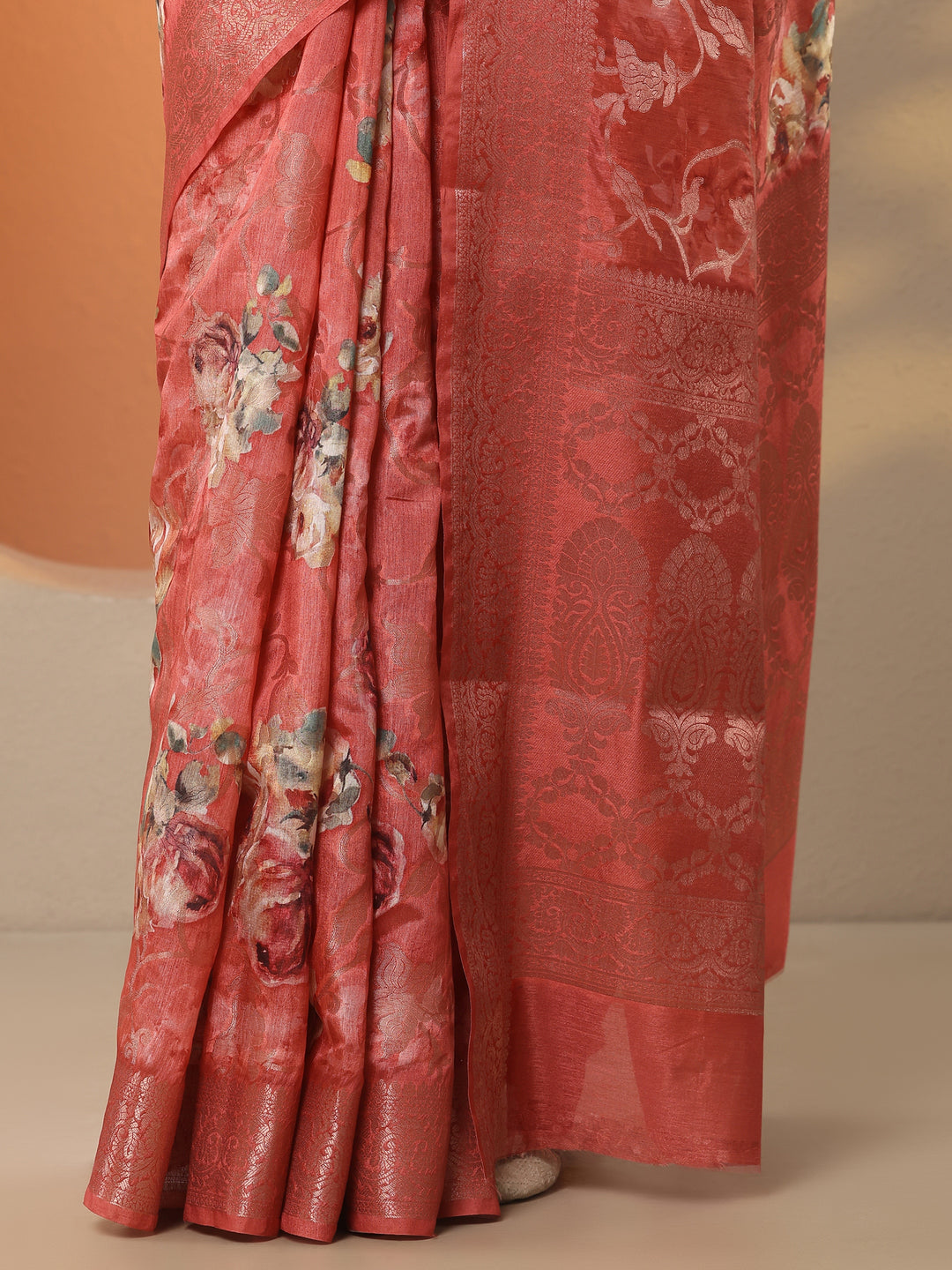  Coral Printed Silk Blend Saree With Unstitched Blouse Piece 