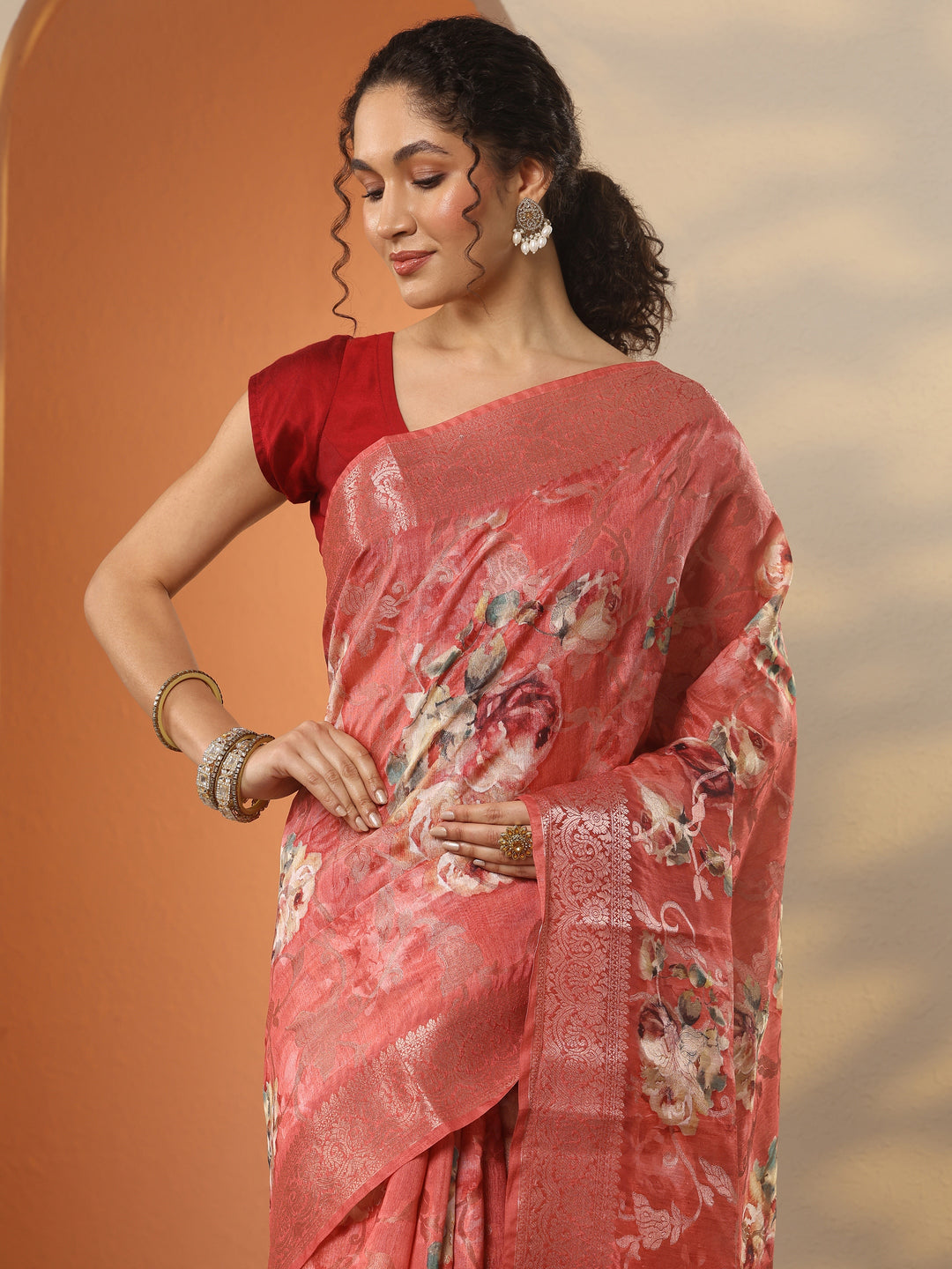  Coral Printed Silk Blend Saree With Unstitched Blouse Piece 