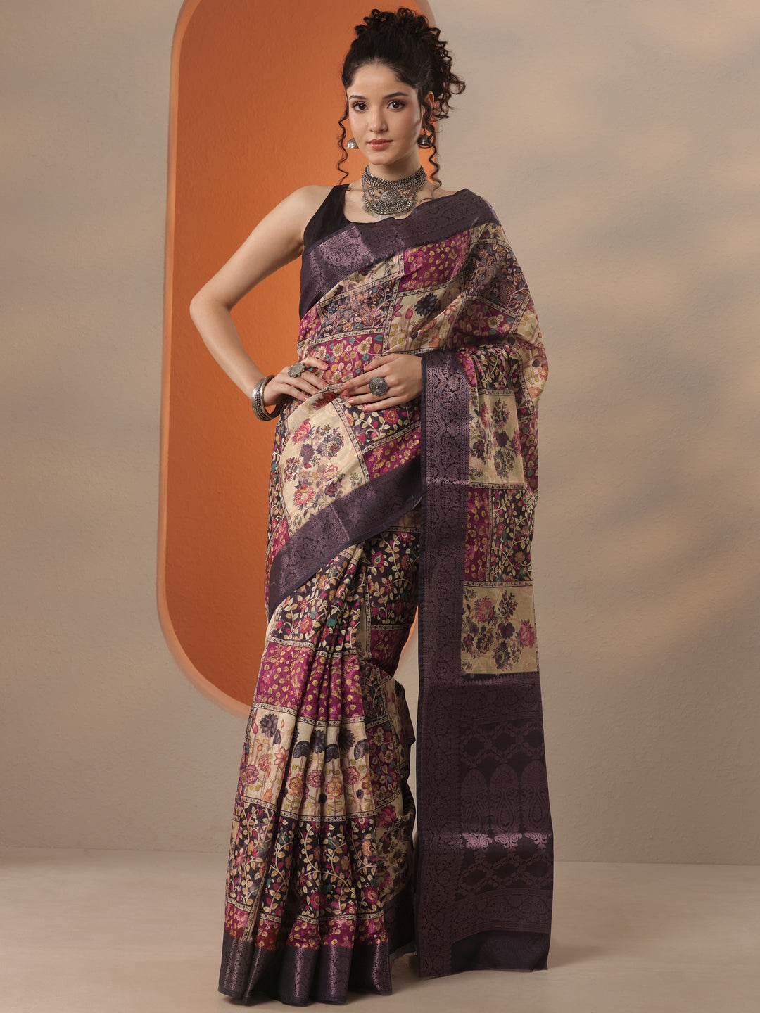  Multi Printed Silk Blend Saree With Unstitched Blouse Piece 