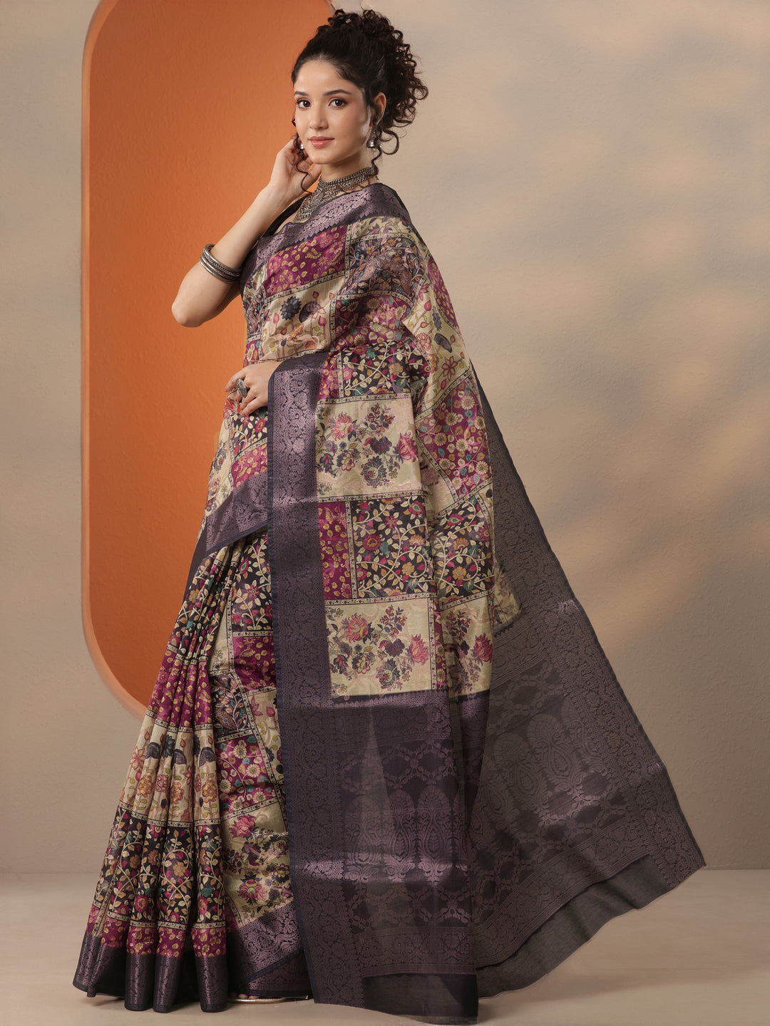  Multi Printed Silk Blend Saree With Unstitched Blouse Piece 