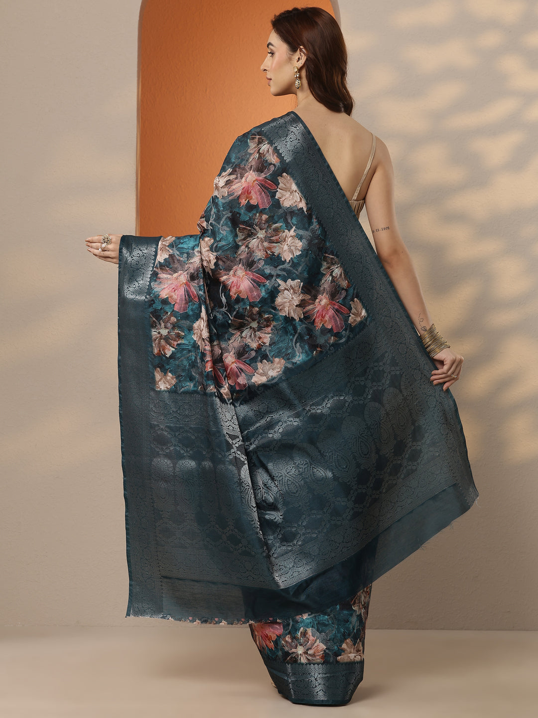  Blue Printed Silk Blend Saree With Unstitched Blouse Piece 