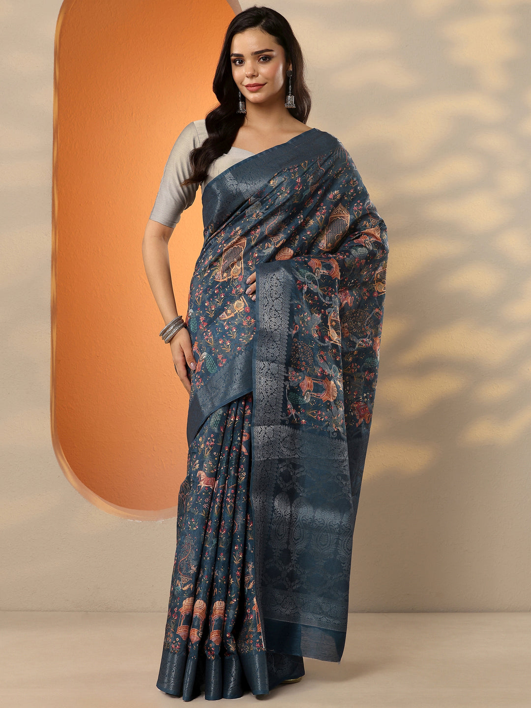  Blue Printed Silk Blend Saree With Unstitched Blouse Piece 