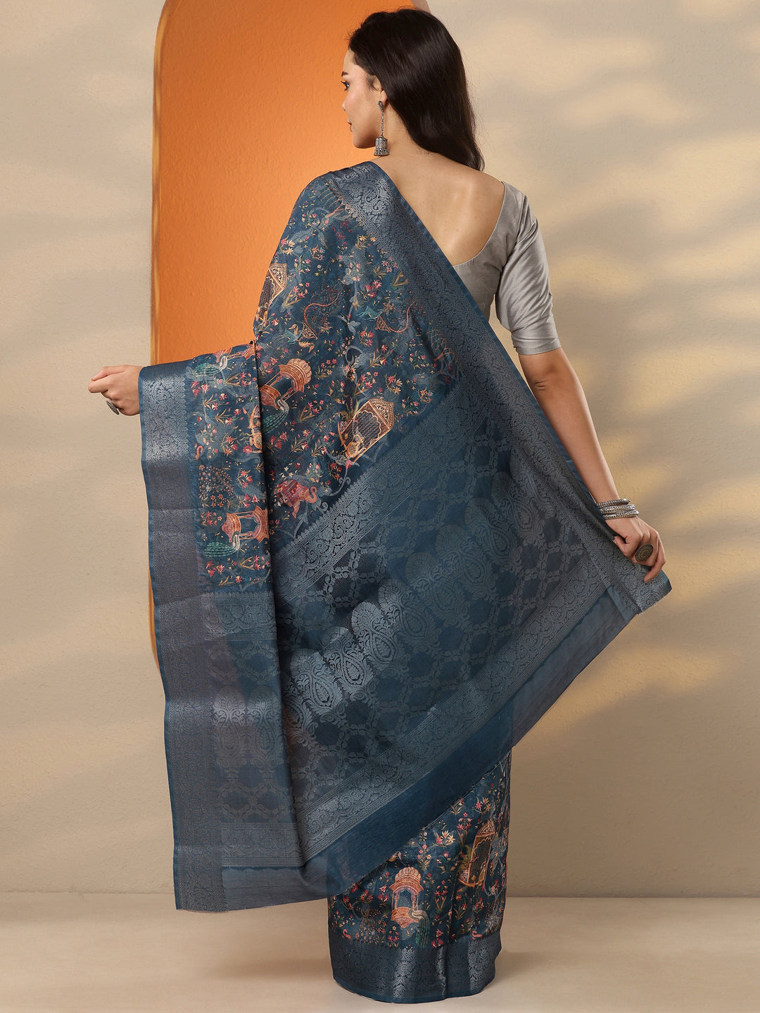  Blue Printed Silk Blend Saree With Unstitched Blouse Piece 