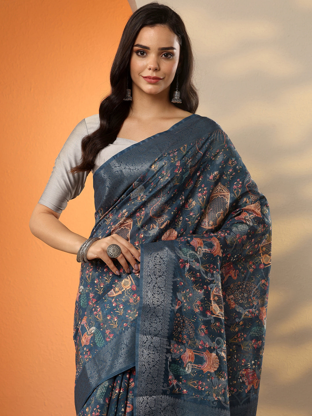  Blue Printed Silk Blend Saree With Unstitched Blouse Piece 