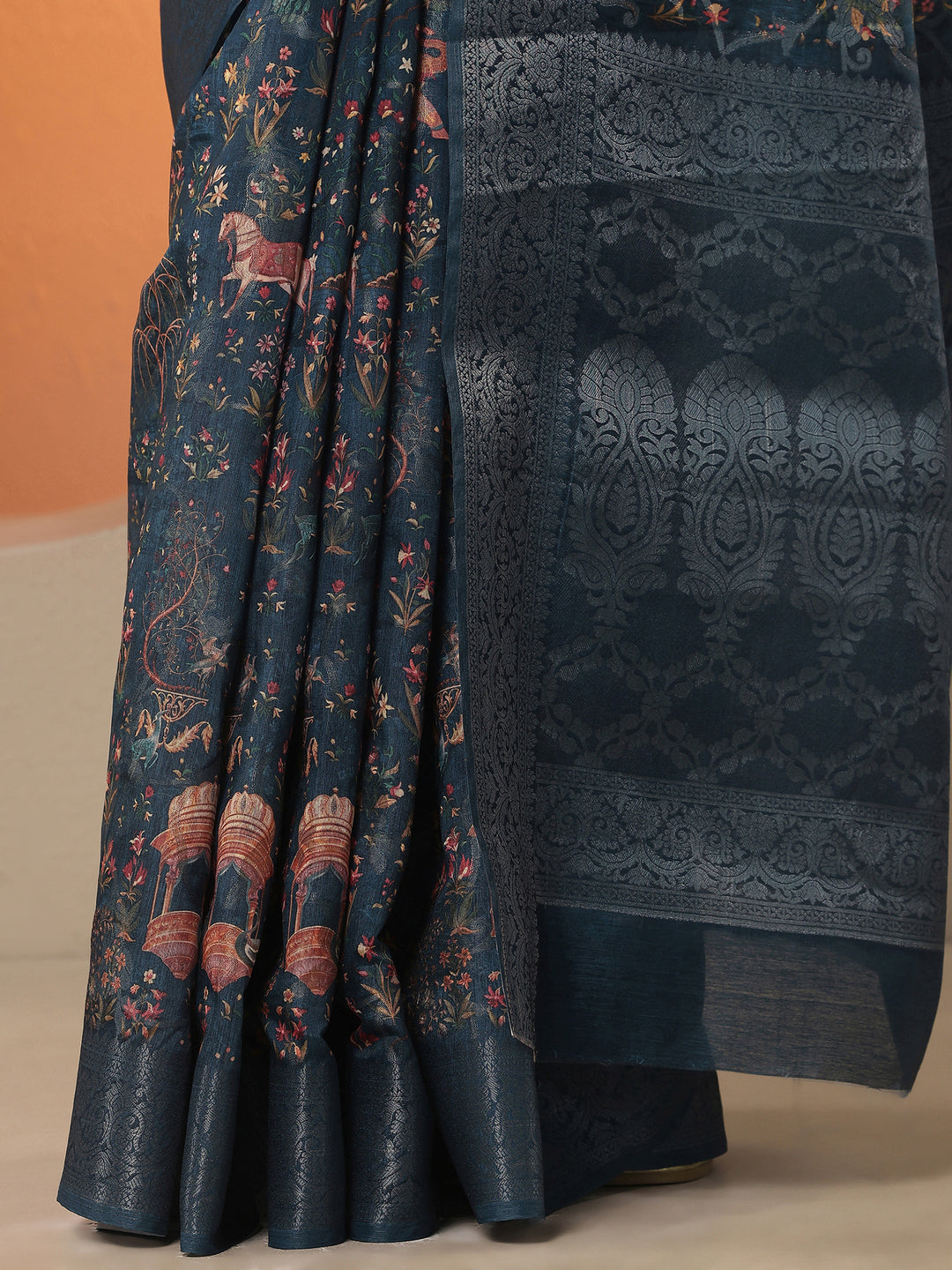  Blue Printed Silk Blend Saree With Unstitched Blouse Piece 