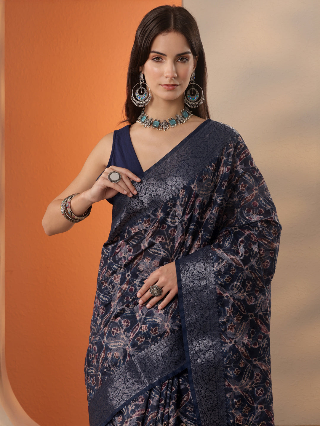  Navy Blue Printed Silk Blend Saree With Unstitched Blouse Piece 