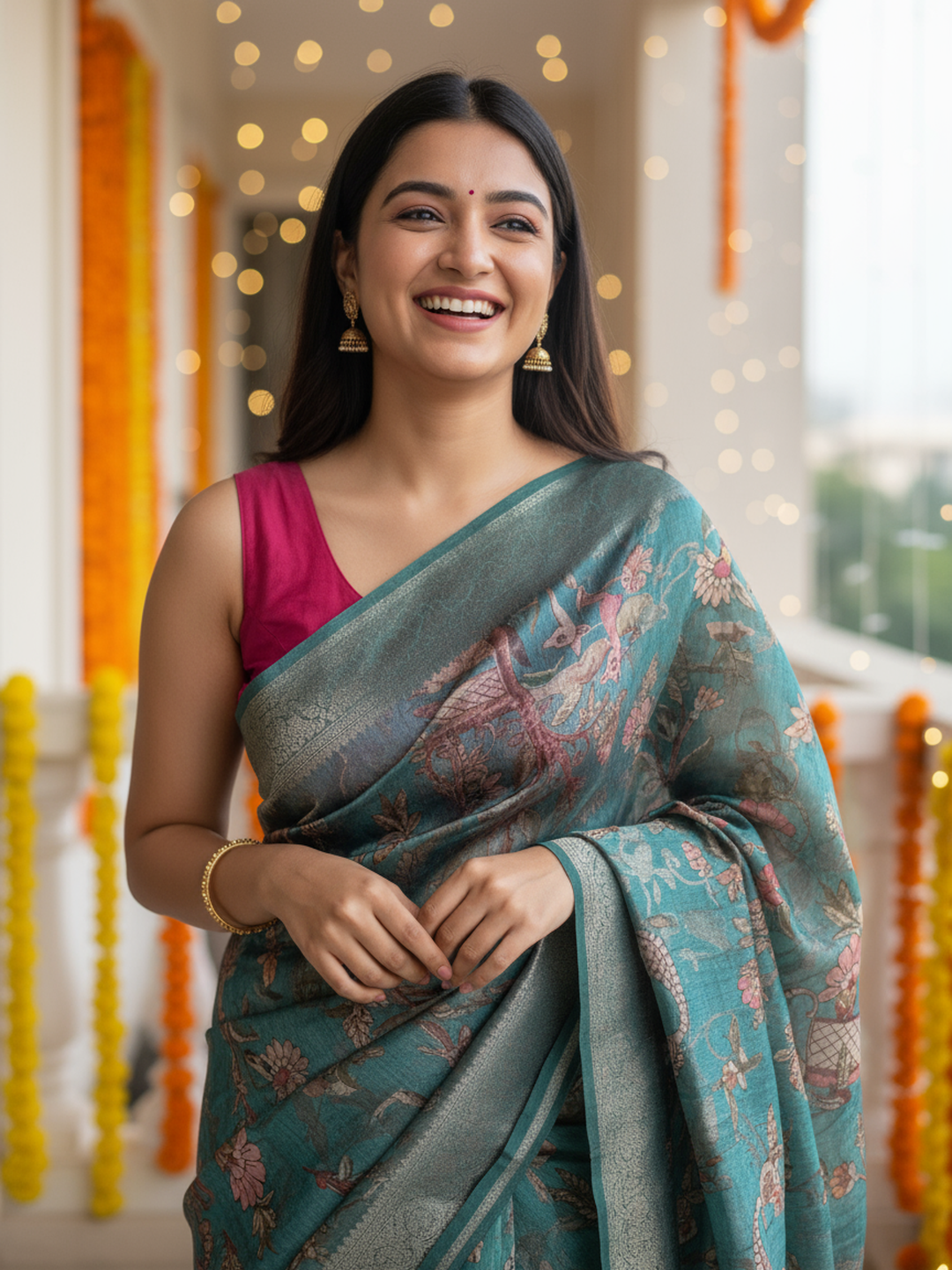  Blue Printed Silk Blend Saree With Unstitched Blouse Piece 