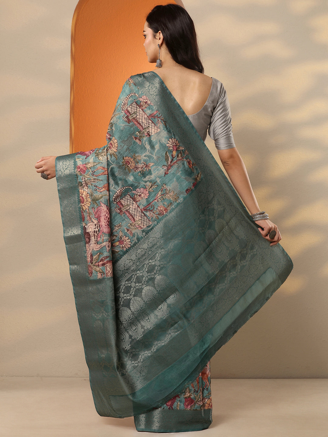  Blue Printed Silk Blend Saree With Unstitched Blouse Piece 