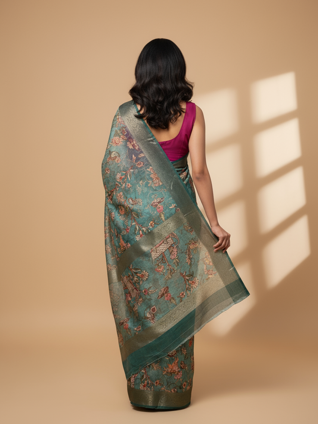  Blue Printed Silk Blend Saree With Unstitched Blouse Piece 