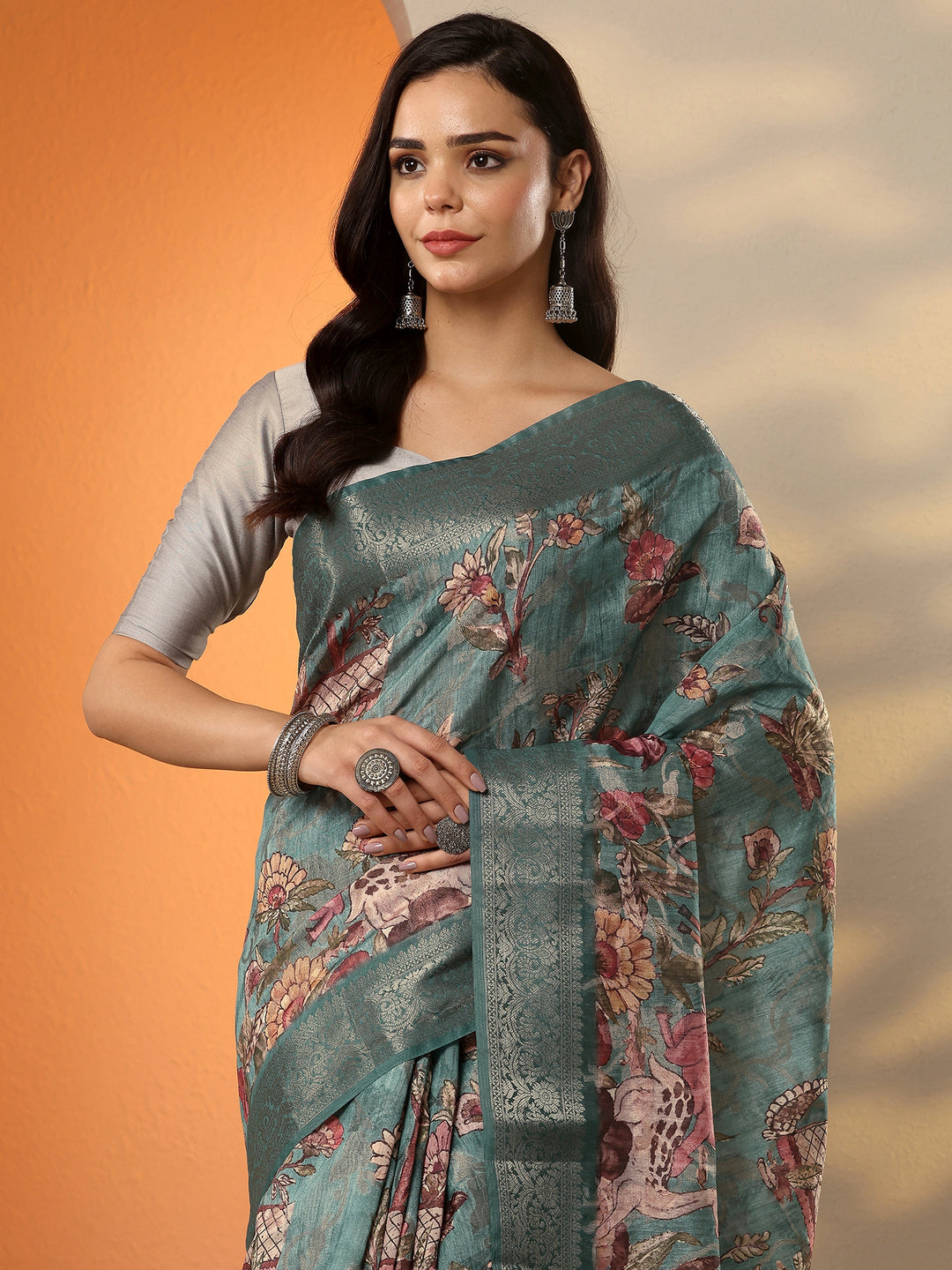  Blue Printed Silk Blend Saree With Unstitched Blouse Piece 
