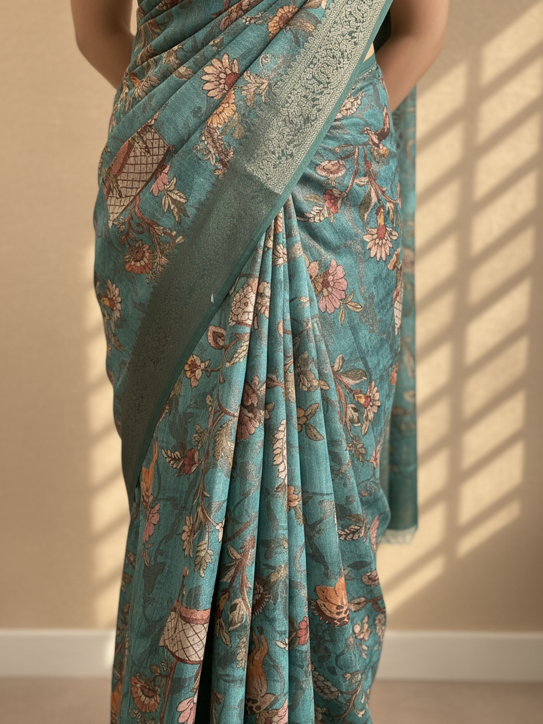  Blue Printed Silk Blend Saree With Unstitched Blouse Piece 
