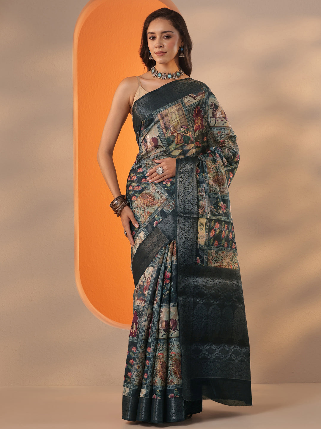  Navy Blue Tribal Printed Silk Blend Saree With Unstitched Blouse Piece 