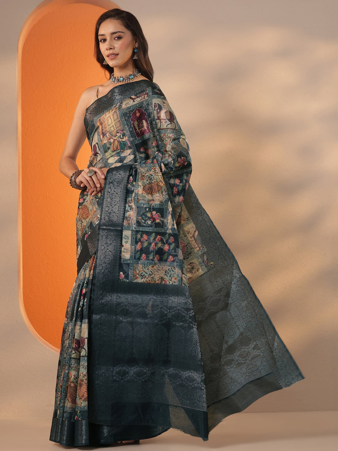  Navy Blue Tribal Printed Silk Blend Saree With Unstitched Blouse Piece 