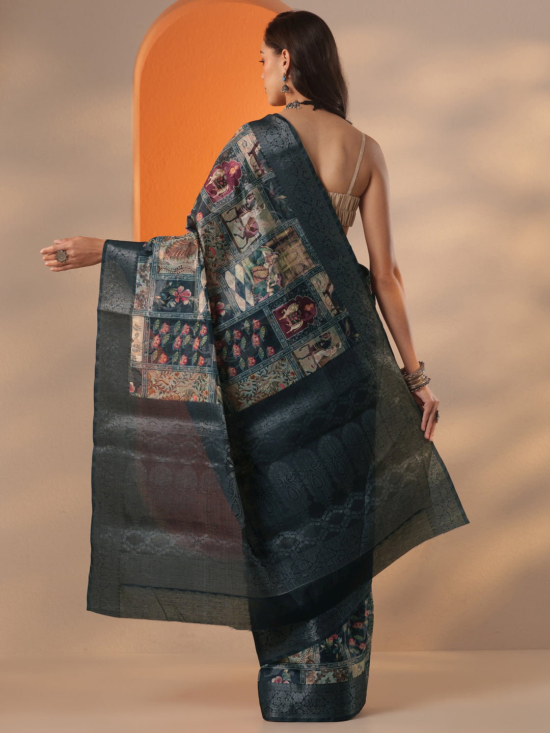  Navy Blue Tribal Printed Silk Blend Saree With Unstitched Blouse Piece 