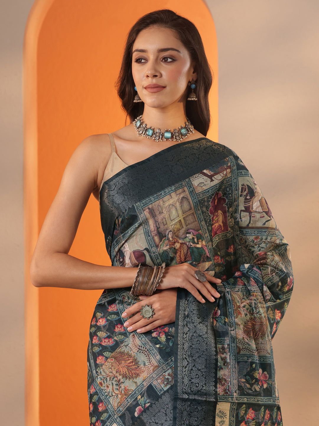  Navy Blue Tribal Printed Silk Blend Saree With Unstitched Blouse Piece 