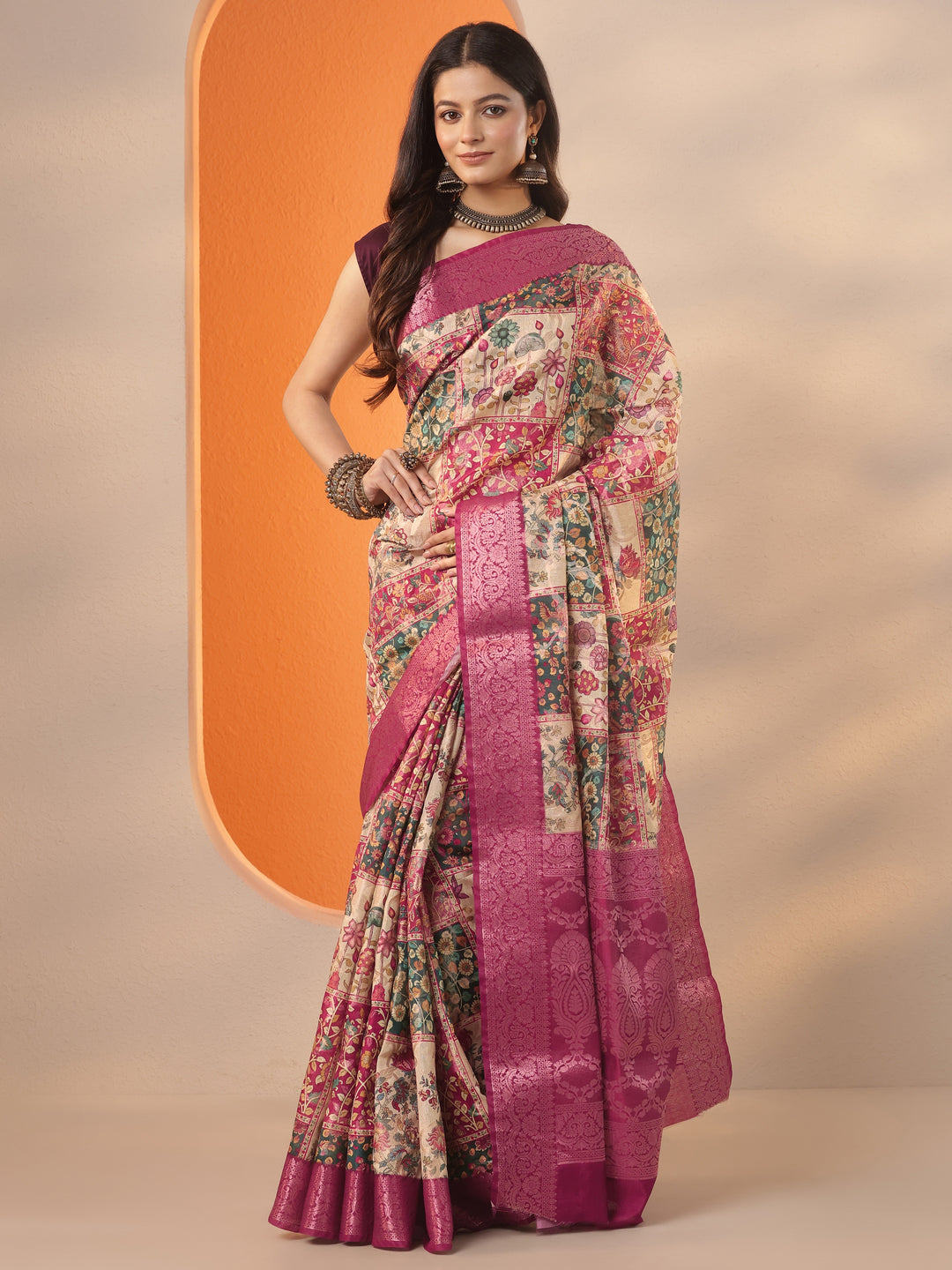  Multi Printed Silk Blend Saree With Unstitched Blouse Piece 