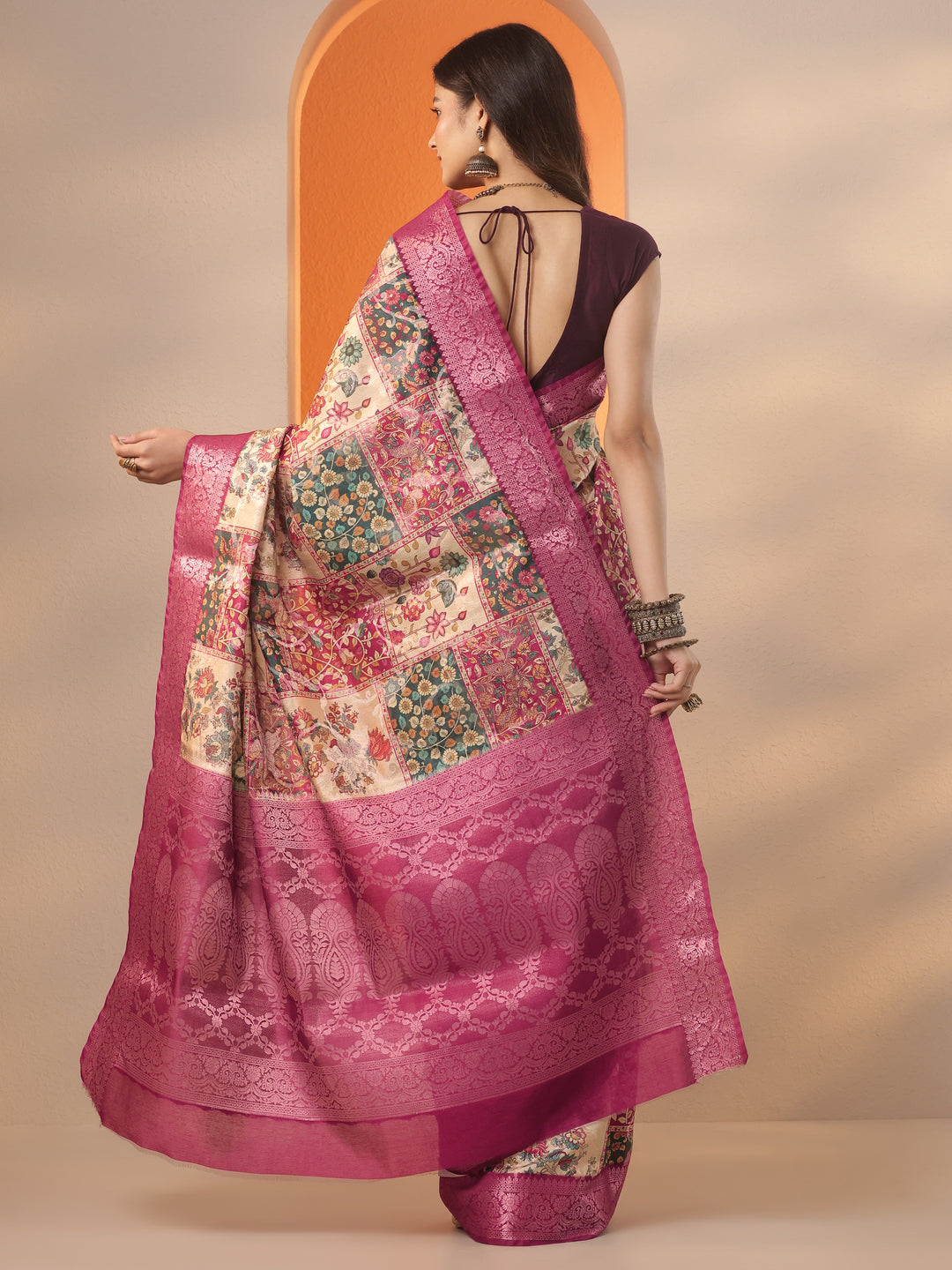 Multi Printed Silk Blend Saree With Unstitched Blouse Piece 