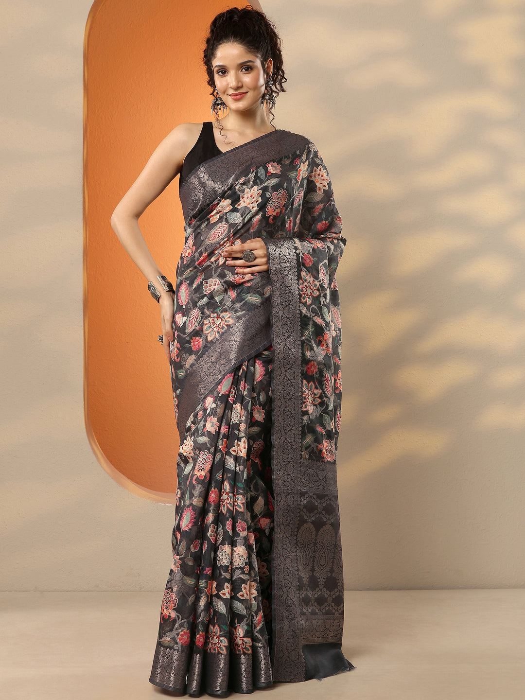  Black Printed Silk Blend Saree With Unstitched Blouse Piece 