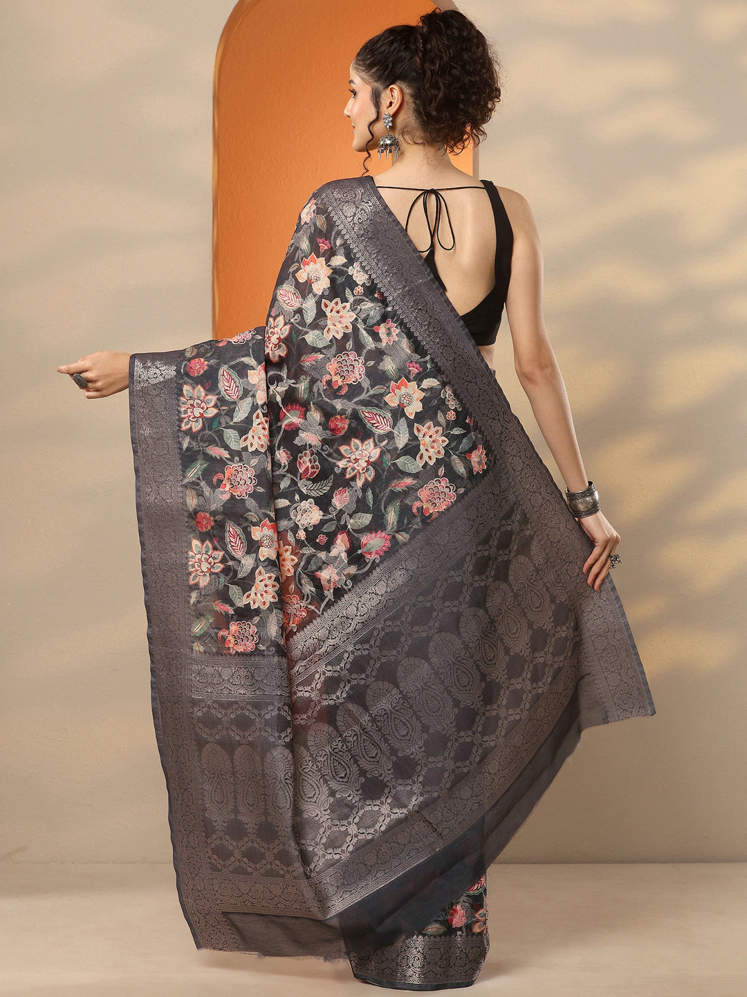  Black Printed Silk Blend Saree With Unstitched Blouse Piece 