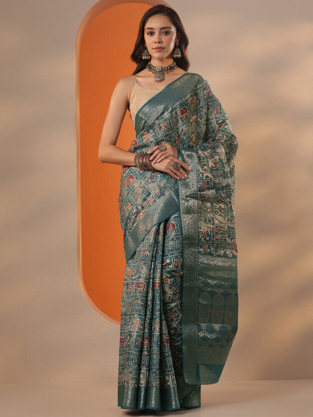  Blue Printed Silk Blend Saree With Unstitched Blouse Piece 