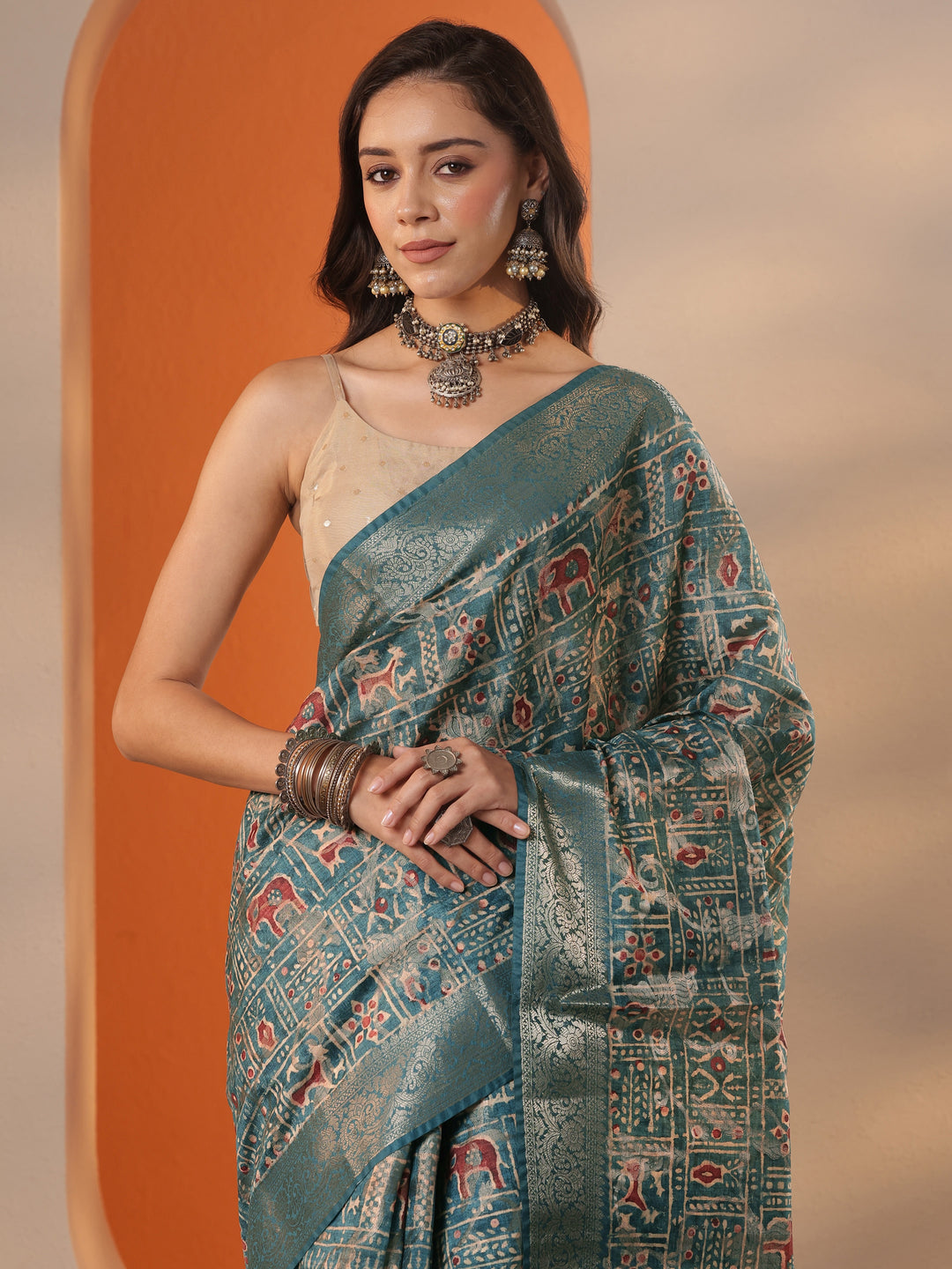  Blue Printed Silk Blend Saree With Unstitched Blouse Piece 