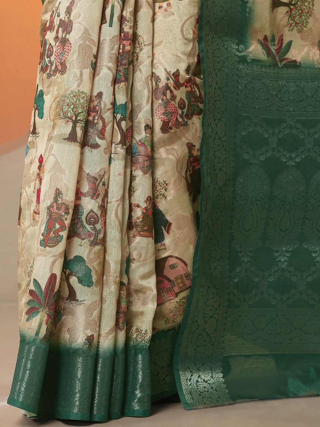  Beige Tribal Printed Silk Blend Saree With Unstitched Blouse Piece 