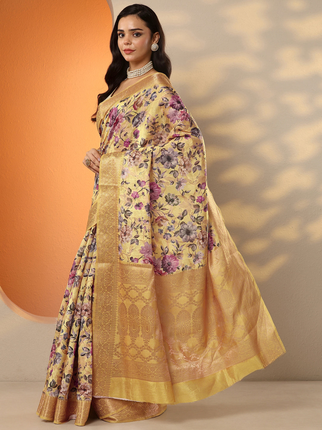  Yellow Printed Silk Blend Saree With Unstitched Blouse Piece 