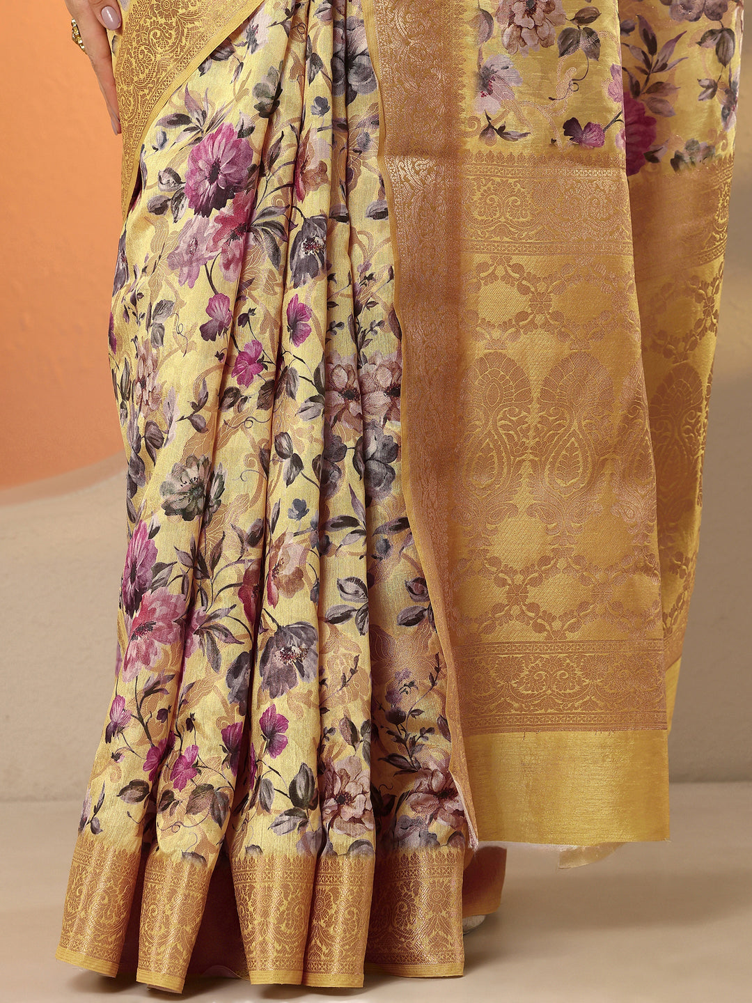  Yellow Printed Silk Blend Saree With Unstitched Blouse Piece 