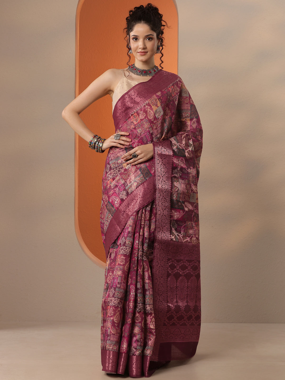  Burgundy Printed Silk Blend Saree With Unstitched Blouse Piece 