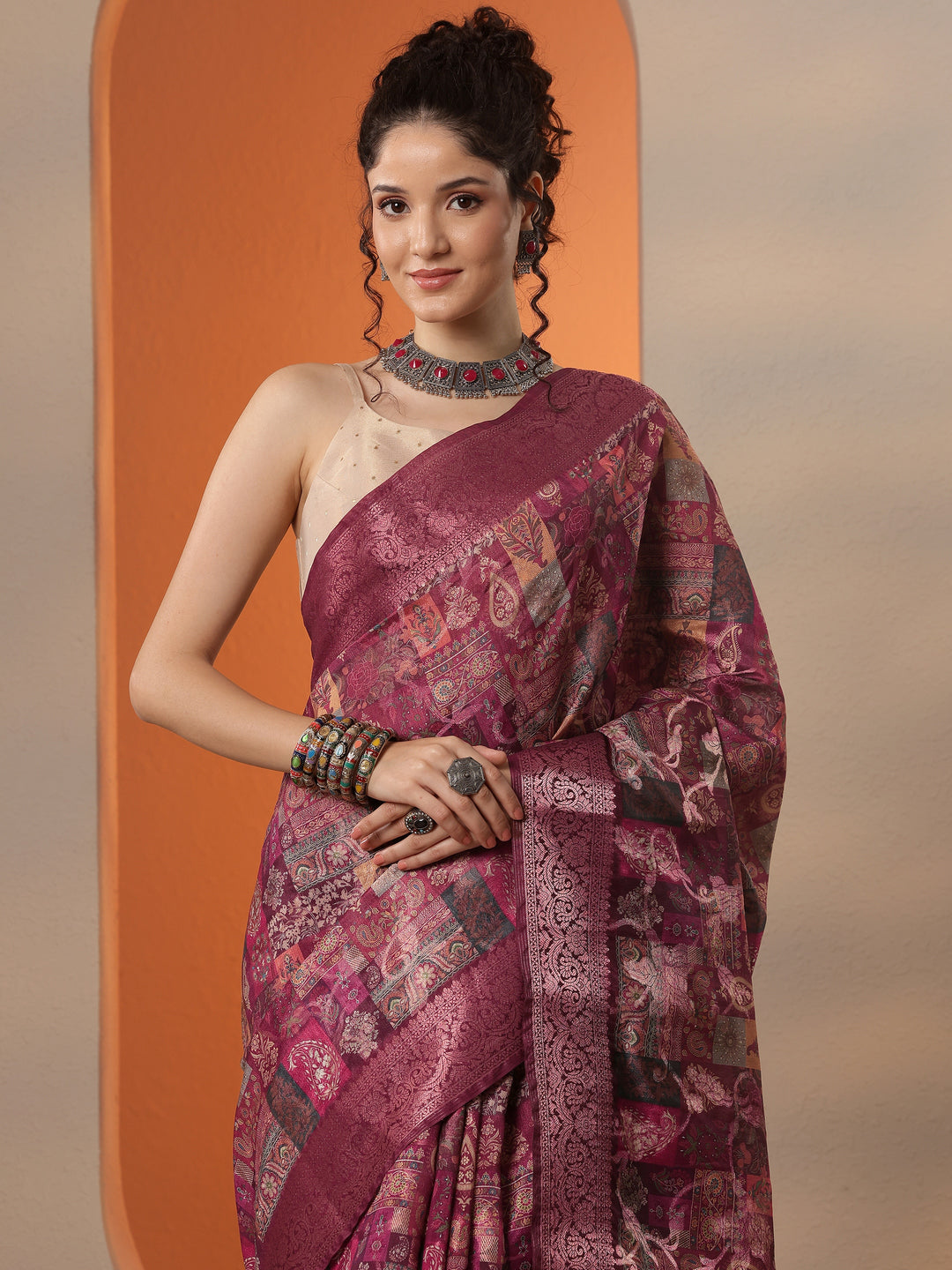  Burgundy Printed Silk Blend Saree With Unstitched Blouse Piece 