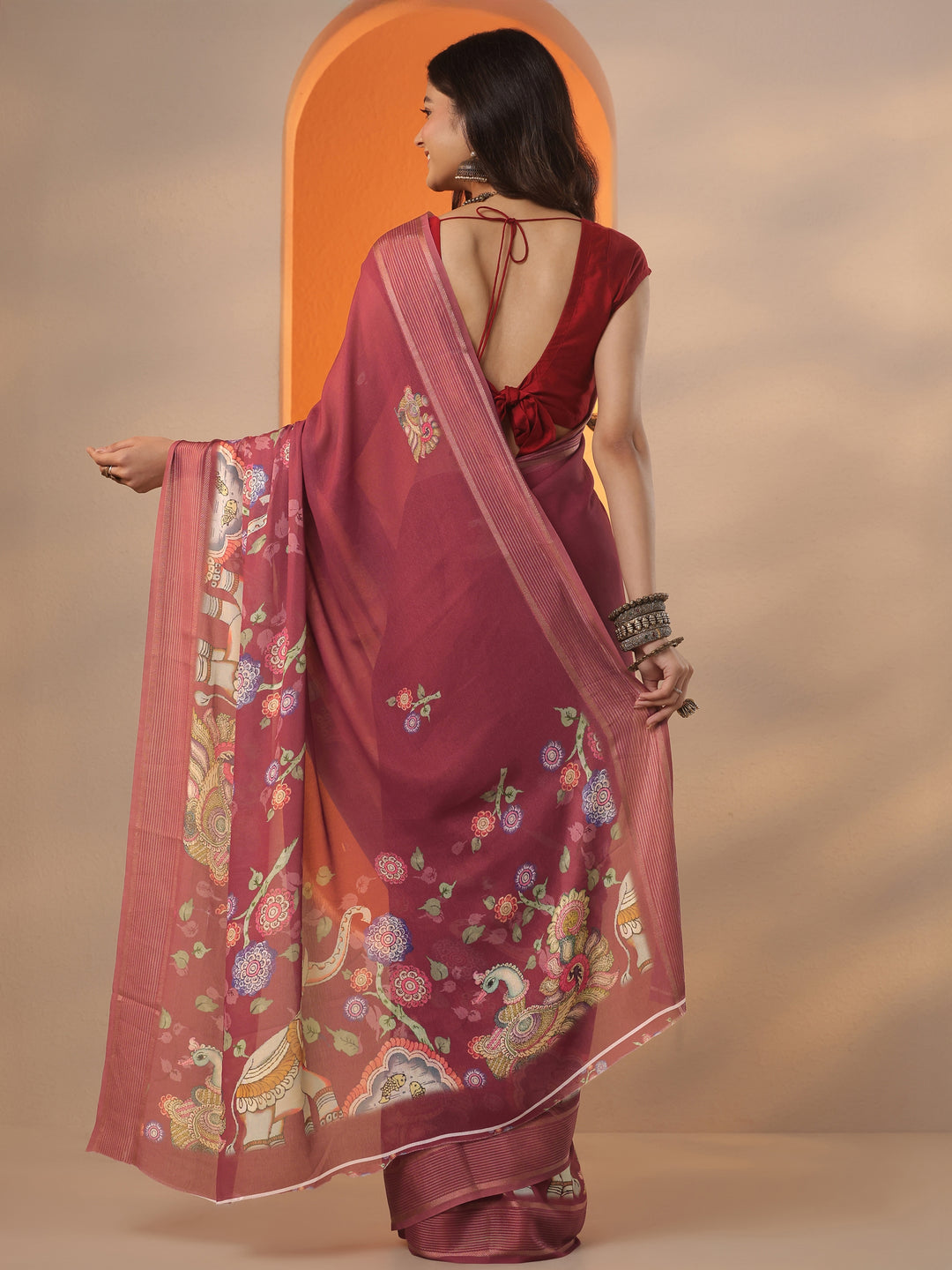  Brown Printed Georgette Saree With Unstitched Blouse Piece 