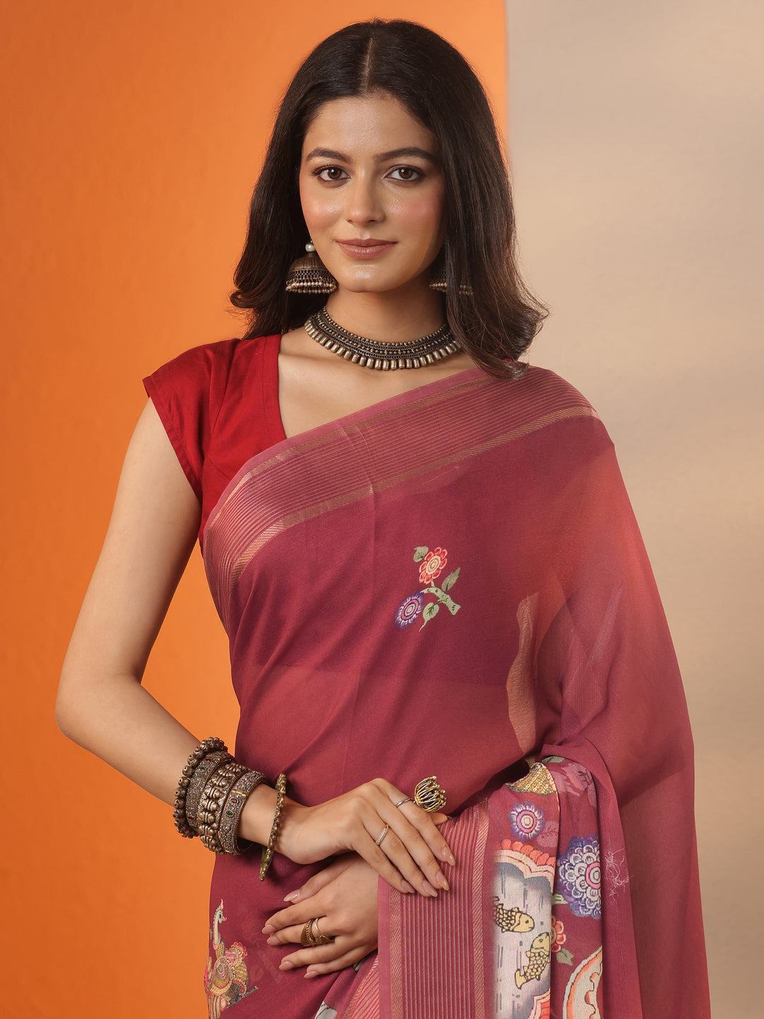  Brown Printed Georgette Saree With Unstitched Blouse Piece 