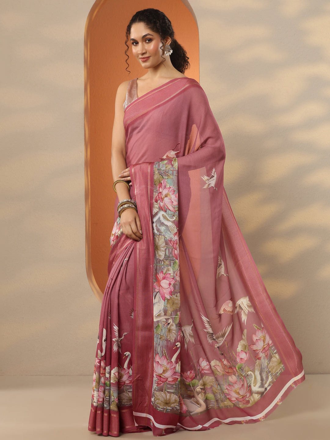  Mauve Printed Pure Georgette Saree With Unstitched Blouse Piece 