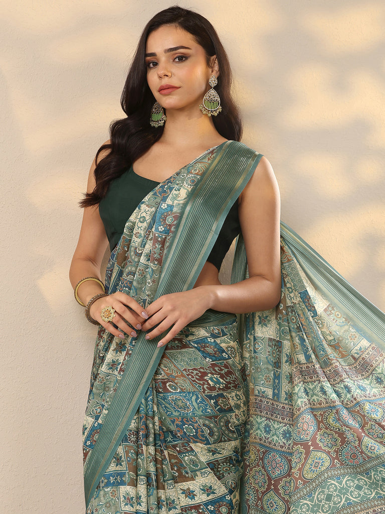 Libas Blue Printed Pure Georgette Saree With Unstitched Blouse Piece
