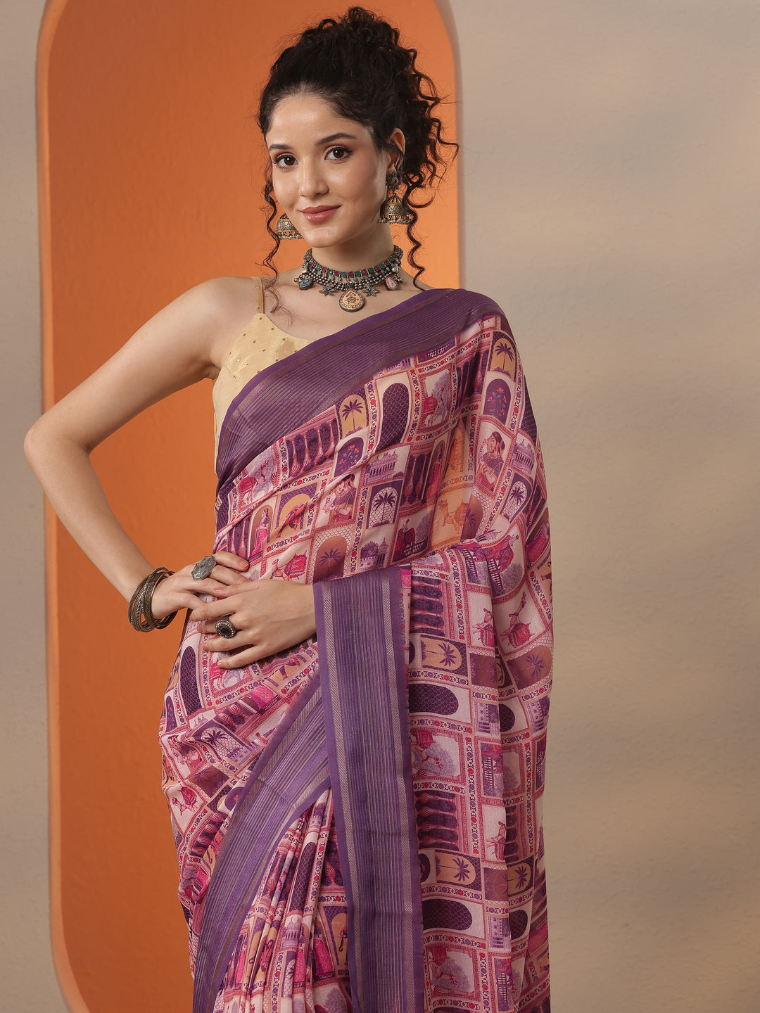  Coral Tribal Printed Georgette Saree With Unstitched Blouse Piece 